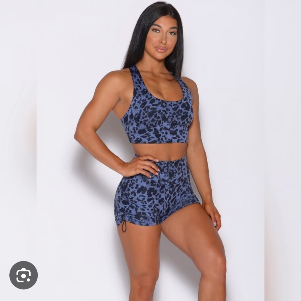 Bombshell Sportswear Blue Cheetah Print Sports Bra and Shorts Set SIZE MEDIUM
